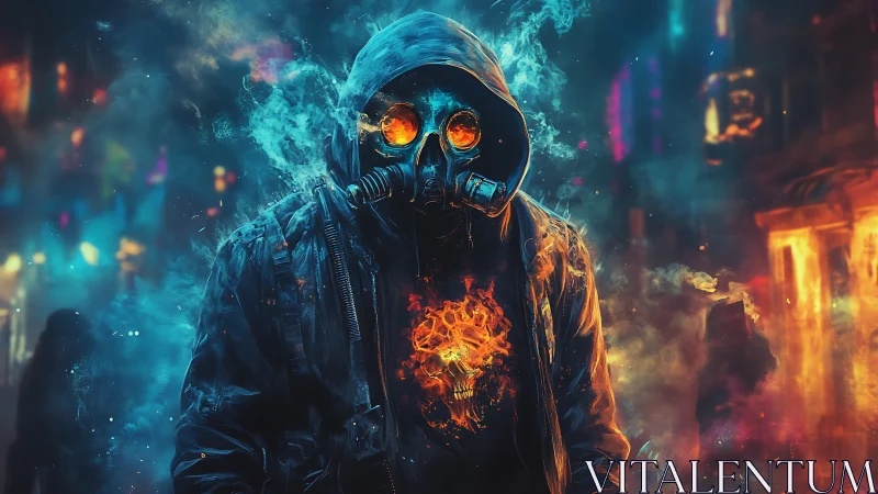 Hooded ember-walker in neon smoke with molten mask eyes.