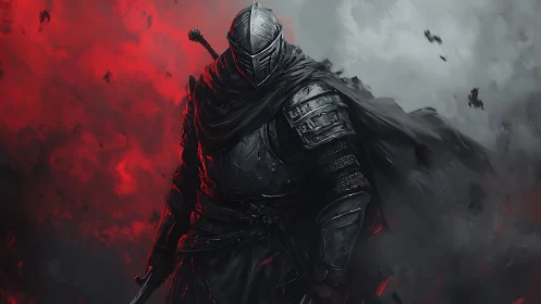 Lone armored warrior strides through swirling red storm.