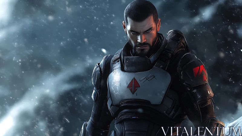 Armored soldier stands in snowy battlefield with focused glare