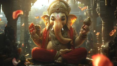 Radiant Ganesha statue glows softly in a sacred temple hall