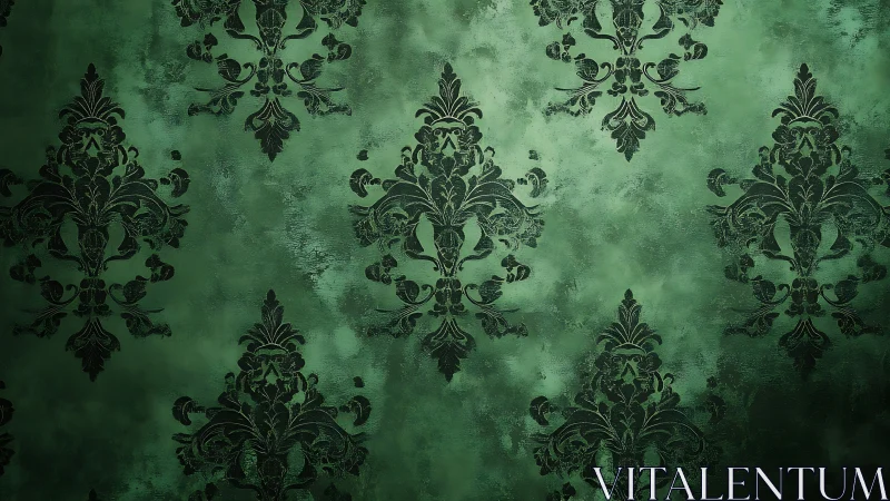 Baroque damask pattern on distressed emerald plaster wall.