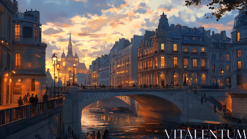 Digital painting of Parisian bridge at warm twilight hour.