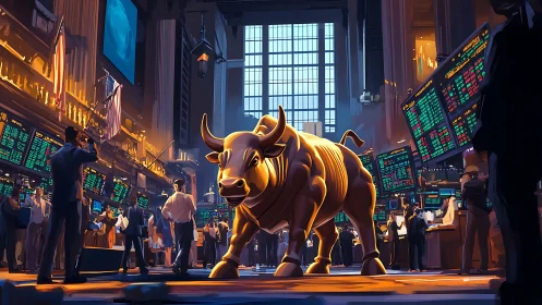 Golden bull dominates a glowing, high-energy trading floor