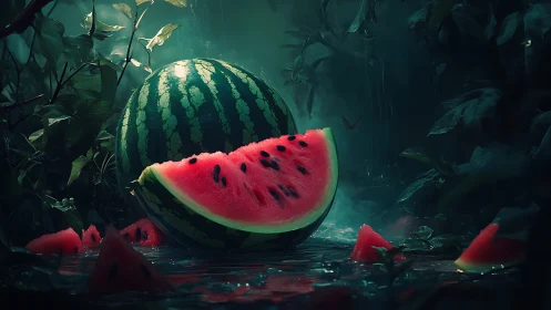 Watermelon slices in a moody forest rain scene.