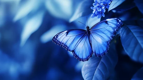 Blue morpho butterfly on leaves in cool bokeh light.