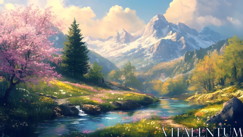 Spring alpine valley with blossom trees and clear river.