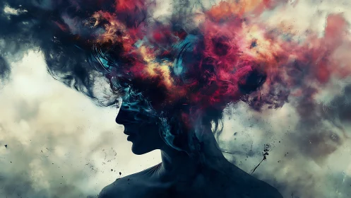 Nebulous mindscape engulfing a silhouetted human profile.