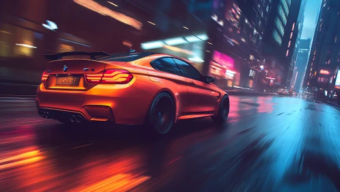 Orange sports coupe on wet neon city street at night.
