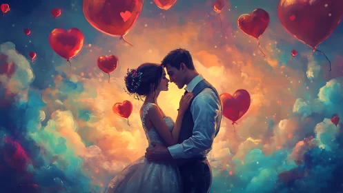 Couple Embracing Among Heart-Shaped Balloons.