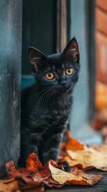 Black kitten with amber eyes peers around weathered column.