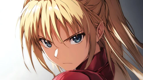 Blonde anime warrior with intense blue gaze portrait.