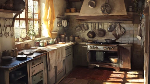 Sunlit rustic kitchen interior shows cookware and storage