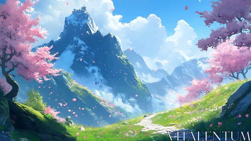 Spring mountain pass with cherry blossoms and distant temple