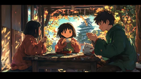 Autumn meal shared by three children in wooden shelter.