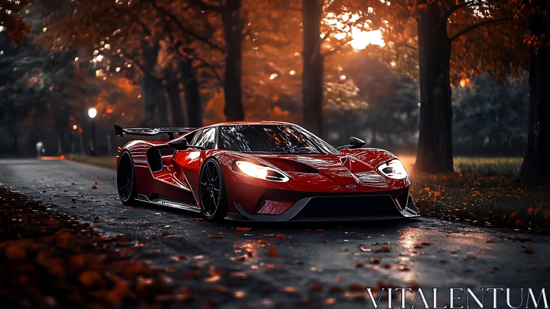 Low-slung red supercar under autumn canopy with directional rim lighting
