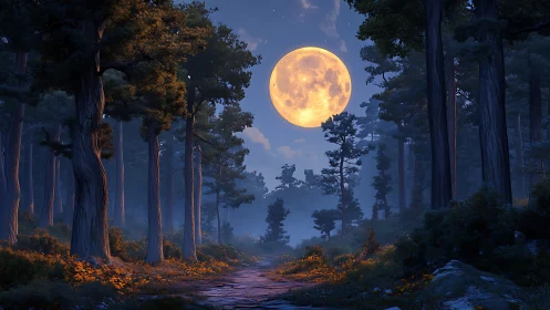 Moonlit forest trail pauses beneath an oversized glowing moon