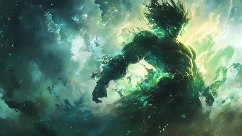 Mythic emerald titan emerging from stormlit astral nebula