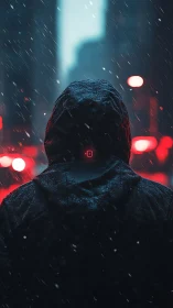 Neon rain cloaks a lone hooded figure in cyber dusk.