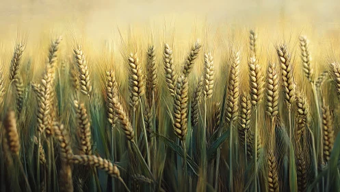 Golden wheat heads glowing in soft evening backlight.