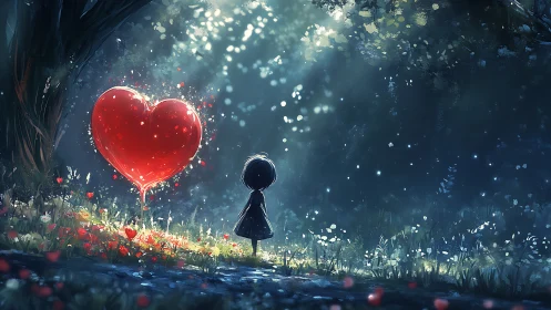 Silhouetted figure gazes at luminous red heart floating within fantastical landscape environment