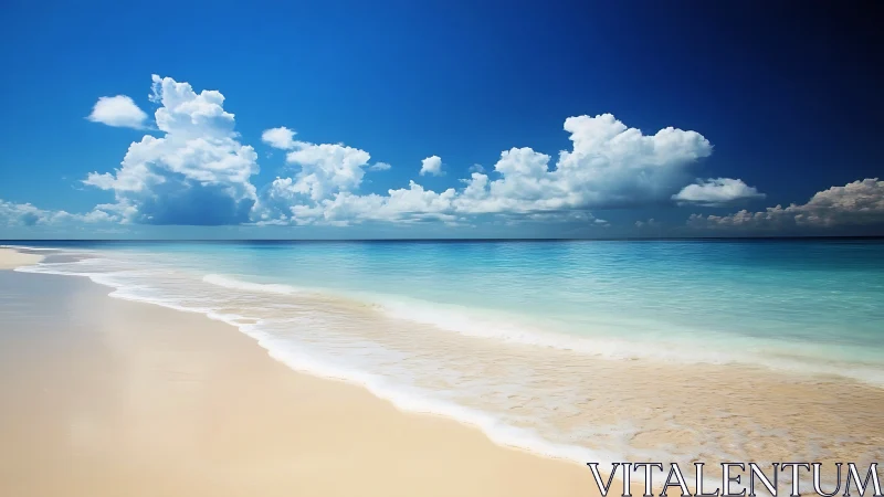 Tropical shoreline meets glassy turquoise water under cumulus