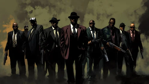 Armed men in suits advance in formation through smoky haze