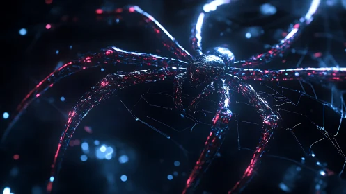 Glowing cybernetic spider on web in dark neon light.