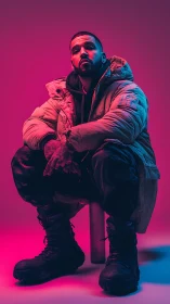 Portrait of hooded man in neon magenta and cyan glow.