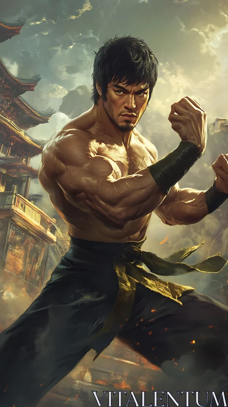 Martial artist poised before burning temple in stormy light.