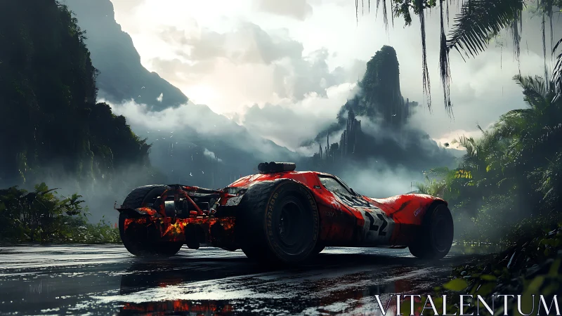 Red race car on wet jungle road with misty cliffs beyond.