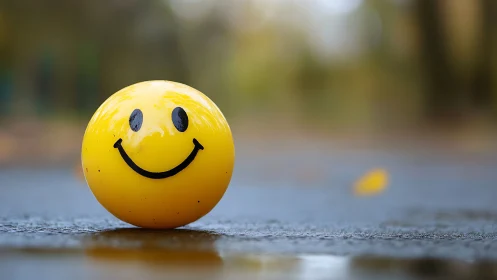 Yellow smiley stress ball on wet pavement with soft bokeh background.