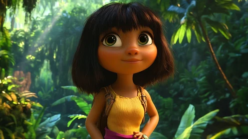 Wide eyed girl explorer in lush sunlit tropical rainforest
