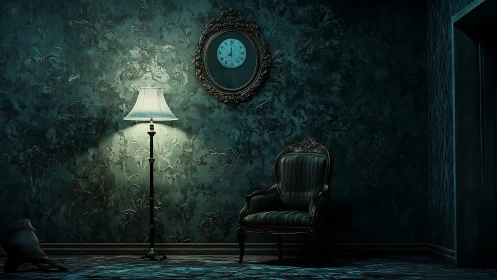 Moody green parlor where an antique chair guards the clock.
