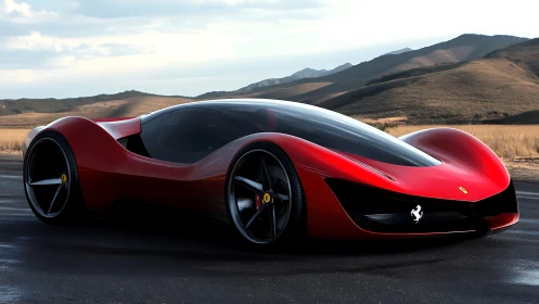 Red concept hypercar cuts desert road with sculpted glass canopy.