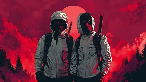 Hooded operatives in stylized red dusk landscape with high contrast