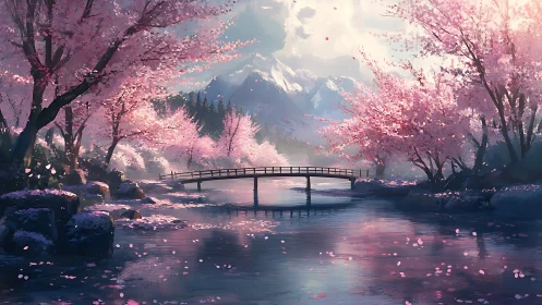 Cherry blossom bridge over reflective river, alpine spring dusk