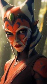 Togruta warrior portrait under dappled forest sunlight