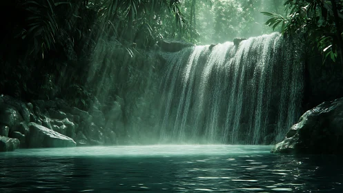 Gentle jungle waterfall pours into a calm emerald pool