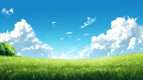 Summer meadow stretches under towering cumulus clouds.