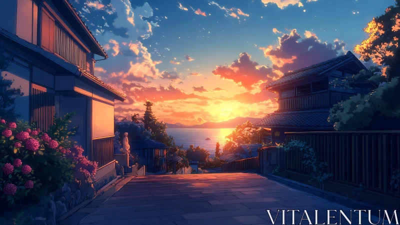 Sunset-illuminated seaside lane with detailed anime-style lighting study