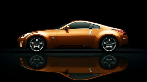 Burnt-orange sports coupe profile in dramatic studio lighting.