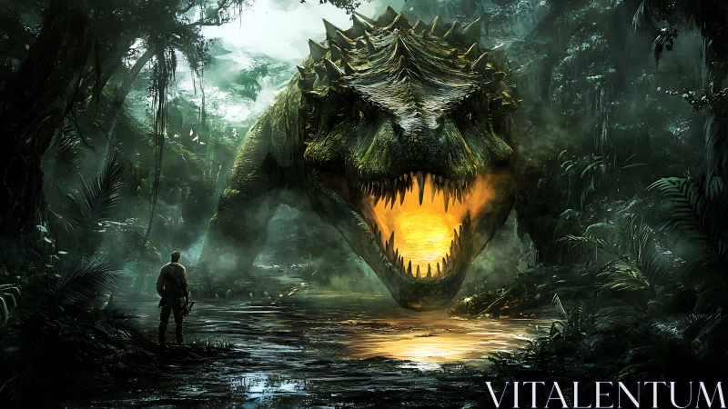 Colossal bioluminescent dinosaur confronting explorer in jungle