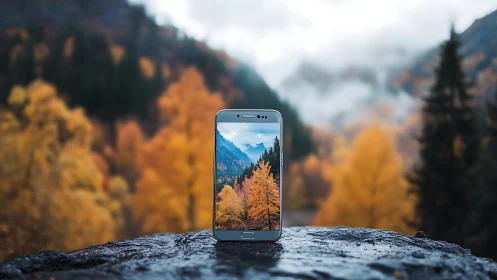 Phone window framing cozy autumn mountains and golden trees.