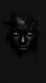 Black liquid face with glowing golden eyes on void background.