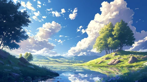 Radiant valley skyscape with reflective riverbank illumination.