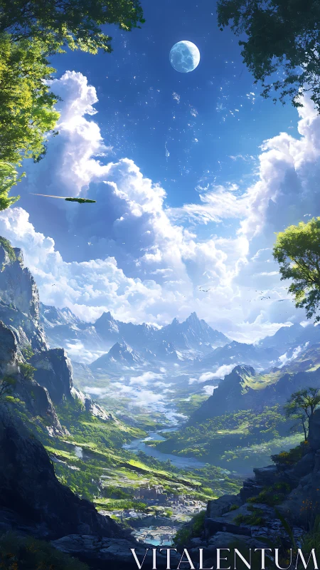 Peaceful valley under bright alien skies and drifting clouds.