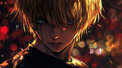 Brooding blonde warrior framed by molten bokeh light.