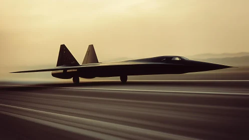 Stealth aircraft silhouette accelerates along runway at dusk