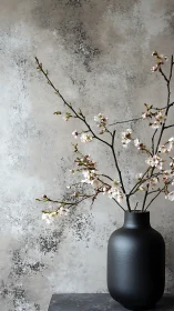 Dark ceramic vase with flowering branches against mottled wall.