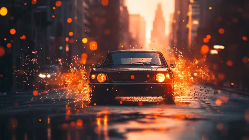Cinematic 3D muscle car with explosive ember trail in motion.